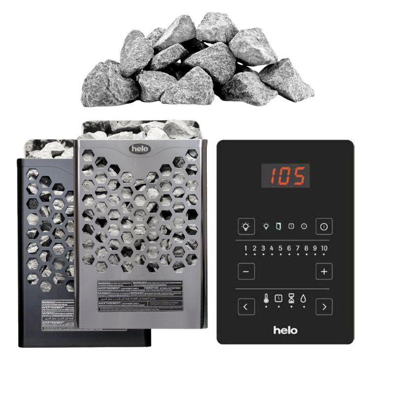 Helo Hanko Sauna heater Komplettset mit Saunasteinen und Steuerungseinheit Pure – modernes Design mit Edelstahlgehäuse und Touchpanel-Steuerung.